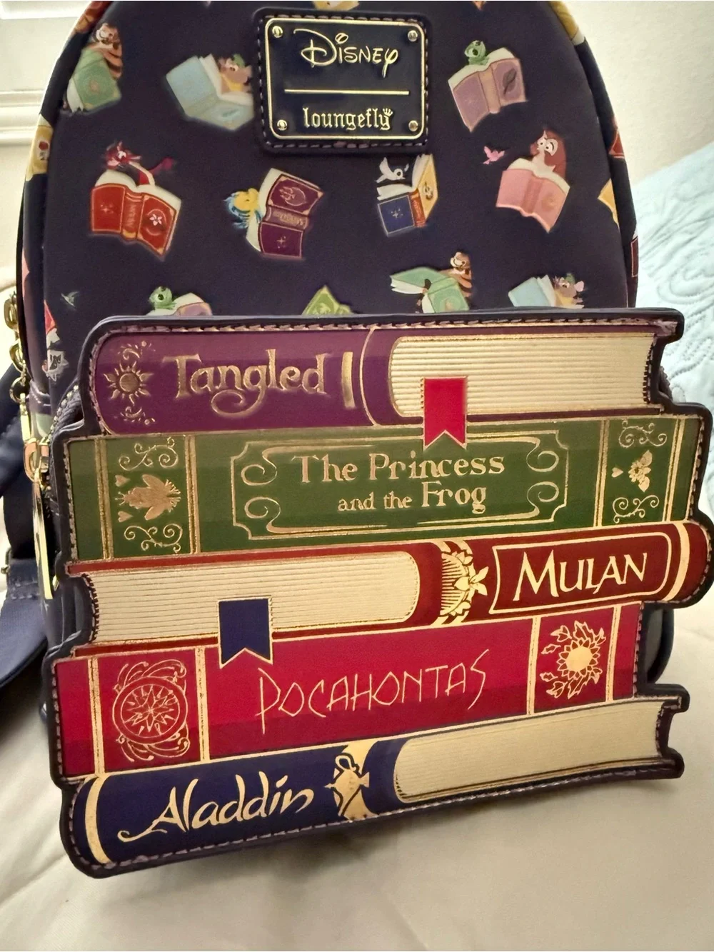 Loungefly Disney Princess Storybook Stack Mini Backpack - Navy, Red, Green, Gold